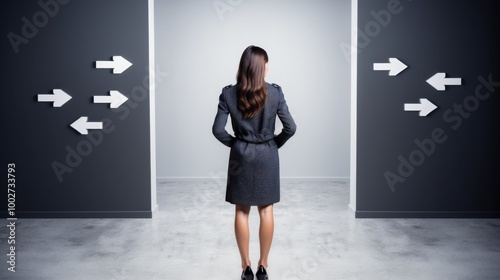 A woman stands facing two divergent paths with arrows on the wall, contemplating the direction of her choices.