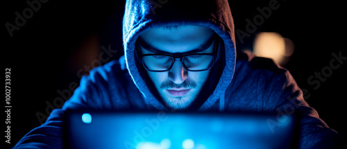 A focused young man in a hoodie, working late at night on a laptop, illuminated by a bright blue screen light. photo