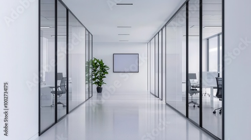 Futuristic office interior with glass walls, holographic meeting rooms, AI-controlled lighting, and sleek, minimalistic furniture, bright and open atmosphere