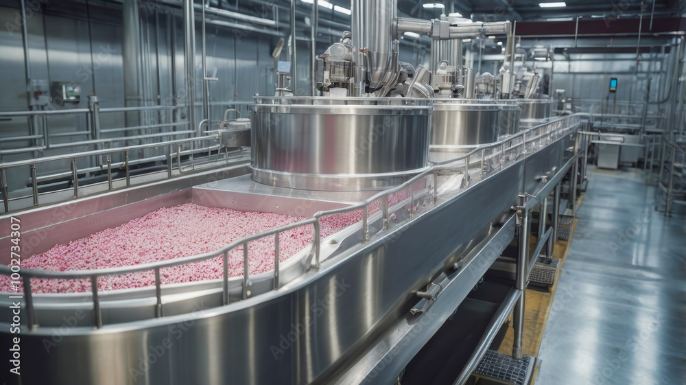Industrial yogurt and berry blending in a fully automated factory line. Industrial yogurt and berry blending in a fully automated factory line.