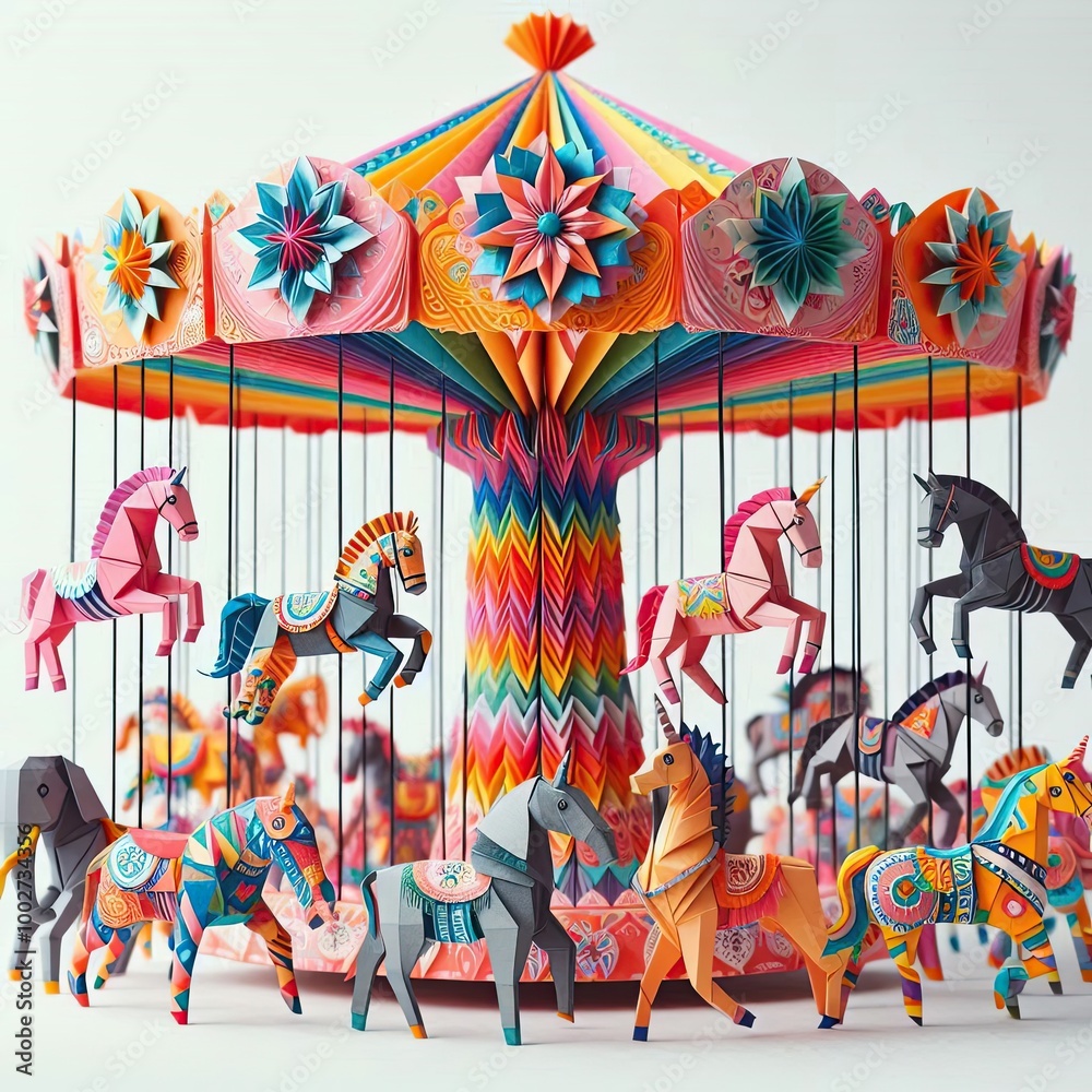Fototapeta premium Origami carousel with strange animals