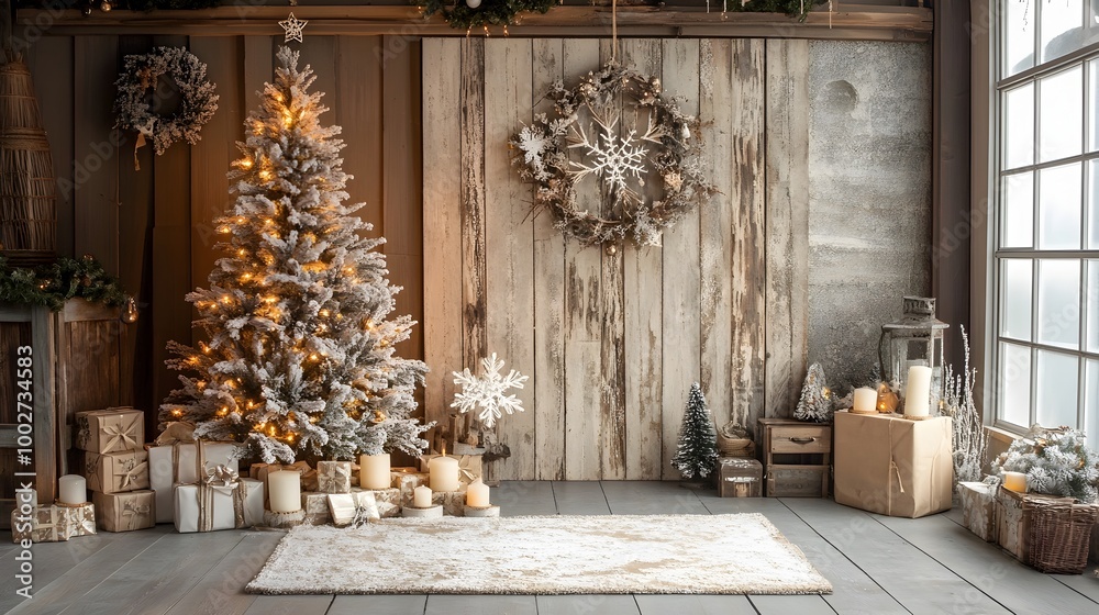 Cozy Christmas Photography Backdrop with a Softly Lit Christmas Tree Snowflakes and Rustic Seasonal Decor for Capturing Warm and Festive Holiday Memories Cozy Christmas Photography Backdrop with a Softly Lit Christmas Tree Snowflakes and Rustic Seasonal Decor for Capturing Warm and Festive Holiday Memories