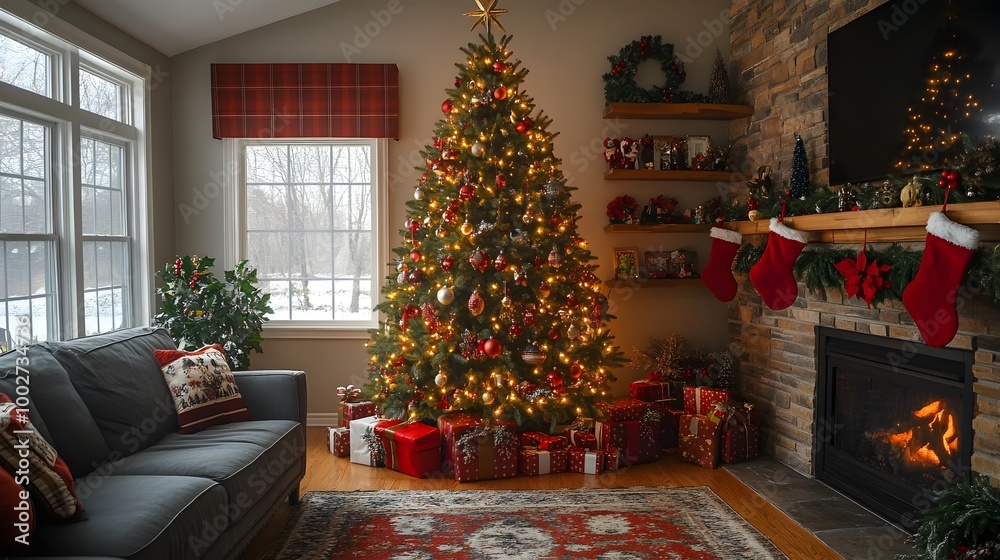 Obraz premium Beautifully decorated Christmas tree with traditional holiday ornaments twinkling lights and a cozy fireplace in a warm rustic living room interior perfect for festive gatherings and