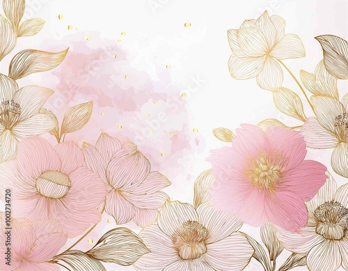 Spring floral in watercolor vector background. Luxury wallpaper design with pink flowers, line art, golden texture. Elegant gold blossom flowers illustration suitable for fabric, prints, cover.