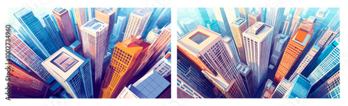 Skyscrapers above views. Skyscraper roofs top view, modern city buildings looking down town tower downtown district vertical perspective urban background vector illustration