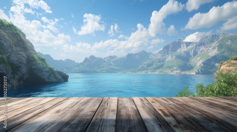 View from a rustic wooden platform, facing a boundless ocean View from a rustic wooden platform, facing a boundless ocean