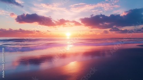 Sunset over an untouched beach, vibrant colors in the sky reflecting on the water