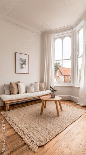 Cozy living room with a modern couch, wooden table, and large windows showcasing a peaceful neighborhood in daylight