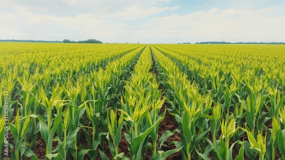 A serene landscape features a vast expanse of emerald green rows, tender shoots of young corn stretching towards A serene landscape features a vast expanse of emerald green rows, tender shoots of young corn stretching towards