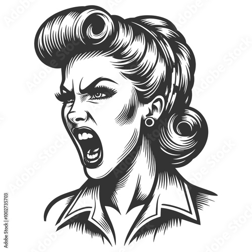 angry woman shouting, detailed facial expressions and vintage hairdo sketch engraving generative ai fictional character vector illustration. Scratch board imitation. Black and white image.