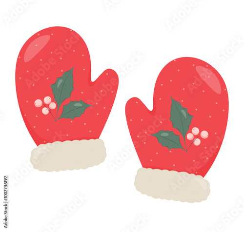 Beautiful cartoon christmas card with red mittens on white  background. Vector