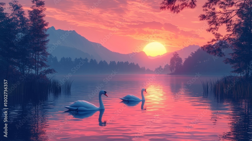 Serene sunset view of swans swimming on a tranquil lake Serene sunset view of swans swimming on a tranquil lake