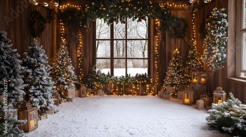 Cozy and festive Christmas photography backdrop featuring a snowy indoor scene with rustic wooden holiday lights photo