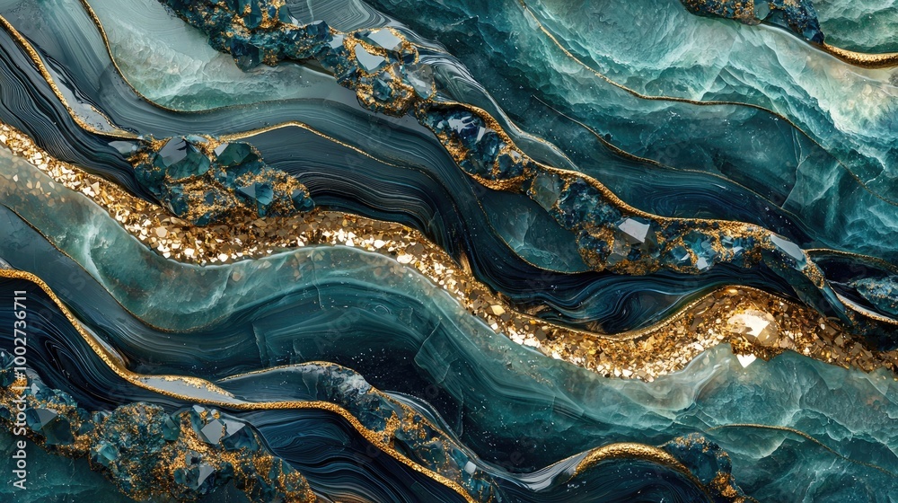 3w Create a fluid, wave-like composition where blue and green stones blend seamlessly with onyx and rich gold tones. The stones should flow 