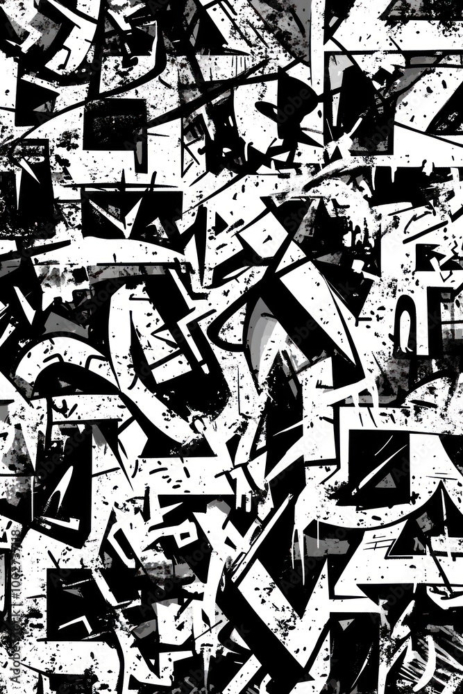 Fototapeta premium Abstract black and white graffiti pattern with geometric shapes and splatters.