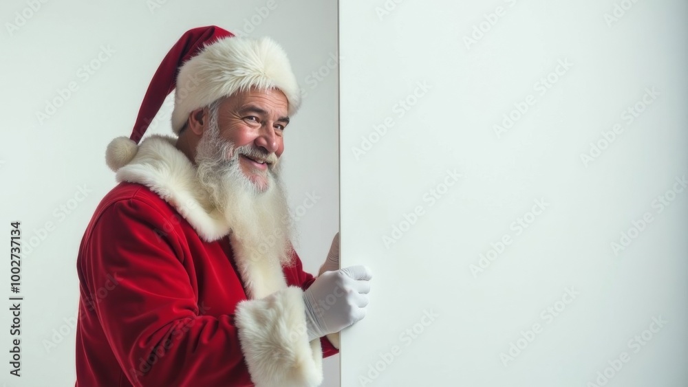 Charismatic Santa Claus peeks out from behind a large empty white board and smiles at the camera, pointing to your advertisement with his hand. Place for text