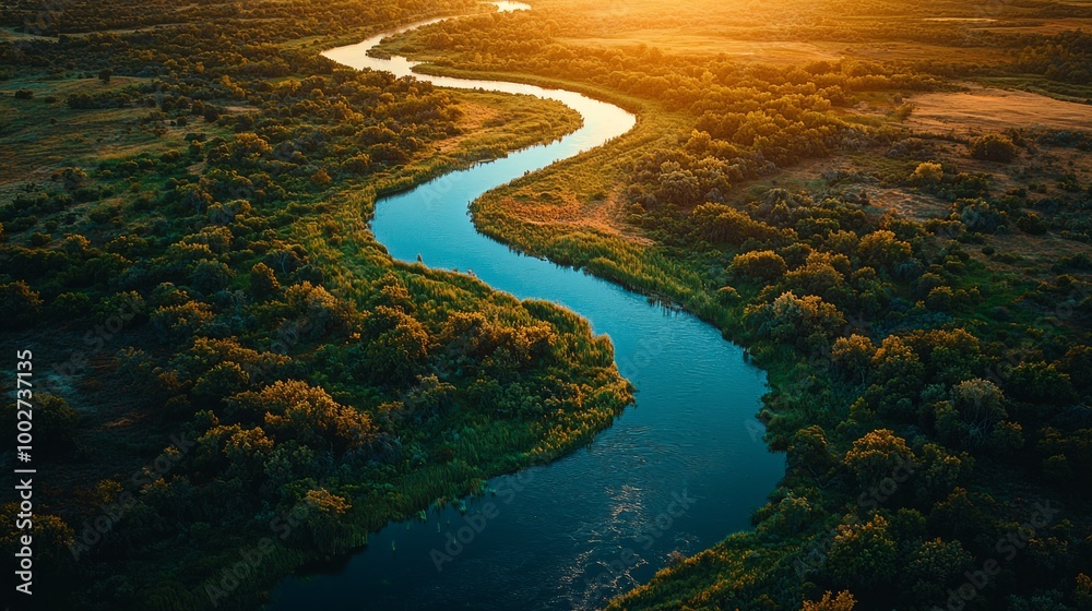 Aerial view of a winding river cutting through a green landscape Aerial view of a winding river cutting through a green landscape