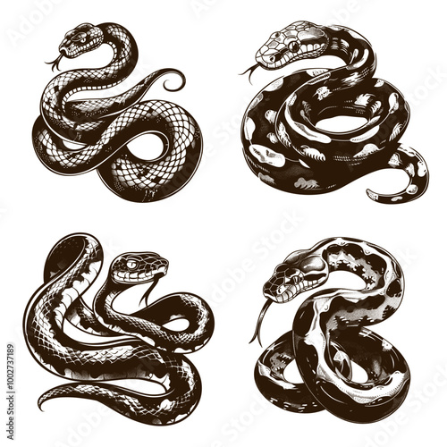 Snakes sketches set. Snake tattoo sketch drawing, python danger poisonous venomous viper reptile wildlife animal nature creature engraving vector illustration