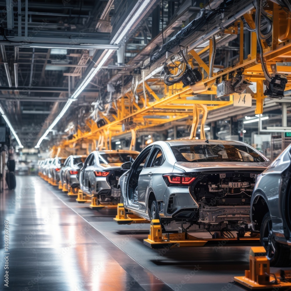 A state-of-the-art car assembly line showcasing precision engineering and advanced manufacturing techniques in a bright factory environment.