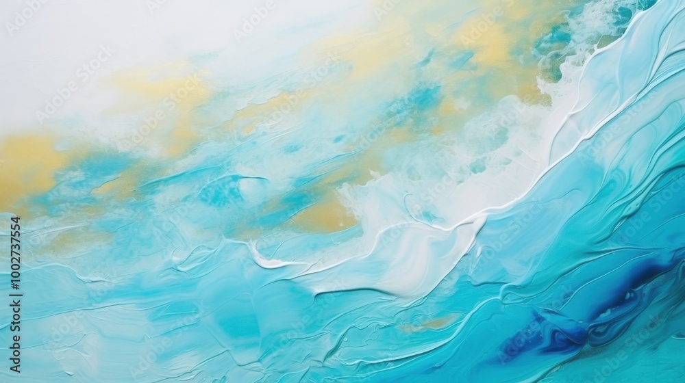 Obraz premium Hand-painted abstract art featuring swirling waves of teal and golden hues, evoking a sense of serene oceanic beauty and fluidity.