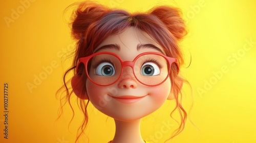 Smiling cartoon girl with red hair and glasses on a yellow background.