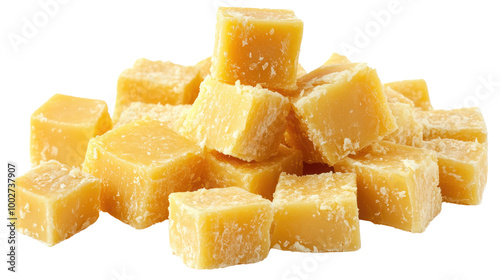 Delicious cheese cubes isolated on white background