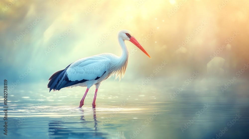 Fototapeta premium A white stork stands in a lake with the sun shining behind it.