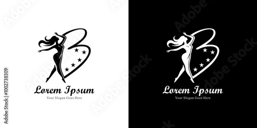 B-shaped logo design combined with a silhouette of a dancing woman