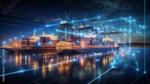 A large container ship is docked at a bustling port at night, illuminated by lights and digital lines showcasing maritime operations and connectivity. photo