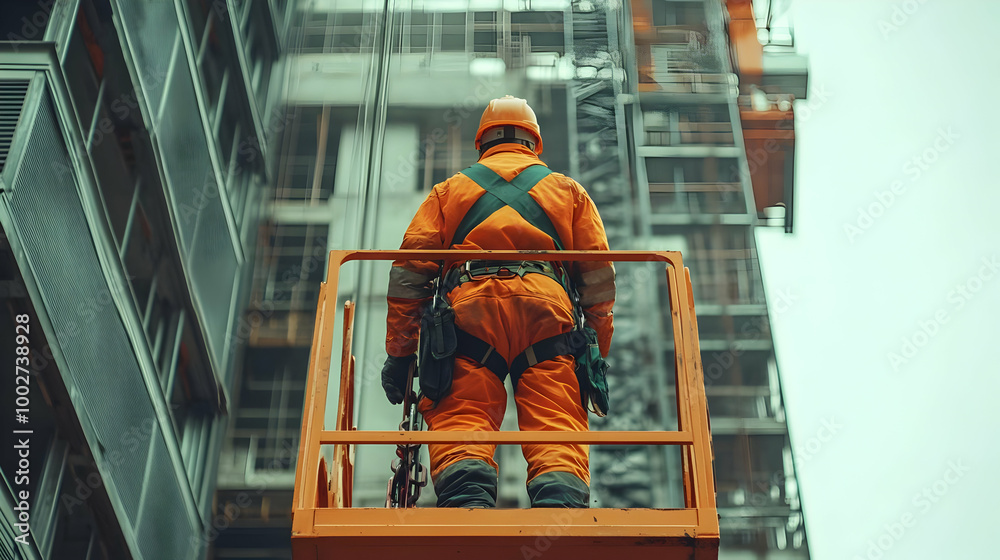 Construction Worker in Safety Gear on a Lift Construction Worker in Safety Gear on a Lift