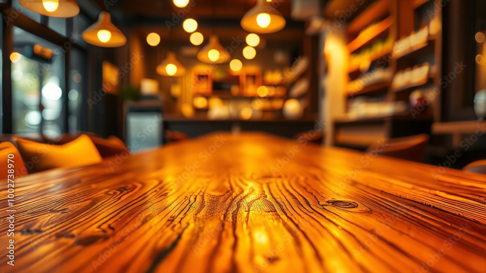 Rich wood grain table top with a warm, inviting ambiance, featuring a blurred focus on a gold bokeh Rich wood grain table top with a warm, inviting ambiance, featuring a blurred focus on a gold bokeh