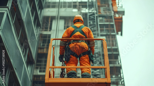 Construction Worker in Safety Gear on a Lift photo