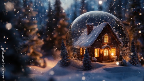 A cozy cabin nestled in a snowy forest, encased in a glass orb, with falling snow creating a magical winter wonderland scene. photo