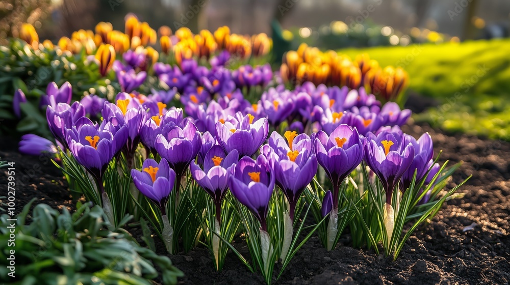 Vibrant purple and yellow crocuses blooming in a garden during springtime, showcasing nature’s beauty and the season’s renewal Vibrant purple and yellow crocuses blooming in a garden during springtime, showcasing nature’s beauty and the season’s renewal