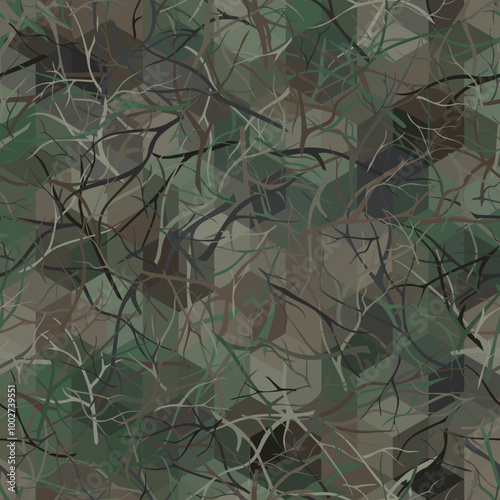 Woodland abstract branch seamless background of randomly bands and wavy lines