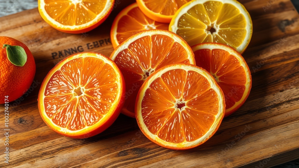 Vibrant orange and lemon slices arranged artfully on a rustic wooden cutting board, emitting a warm glow and Vibrant orange and lemon slices arranged artfully on a rustic wooden cutting board, emitting a warm glow and