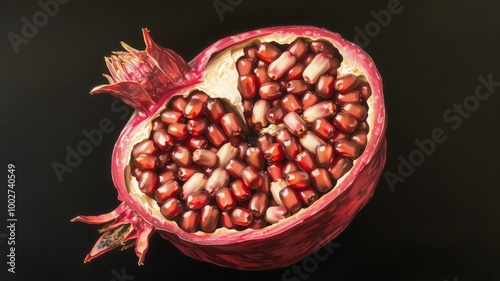 Vibrant pomegranate fruit with intricate seeds and arils pops against a sleek black background, its juicy crown and photo