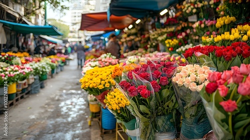 Wallpaper Mural Vibrant Flower Market with Blooming Bouquets Under Colorful Canopies Torontodigital.ca
