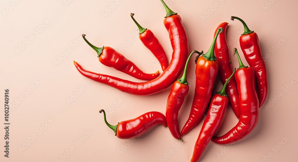 top view - red hot peppers lie in a chaotic order on a neutral background top view - red hot peppers lie in a chaotic order on a neutral background