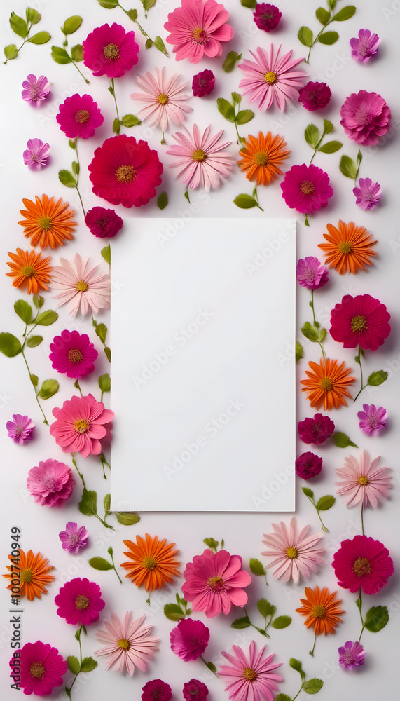 A blank white card surrounded by a vibrant arrangement of flowers. The flowers create a colorful border around the card, ideal for invitations or greeting cards. A blank white card surrounded by a vibrant arrangement of flowers. The flowers create a colorful border around the card, ideal for invitations or greeting cards.