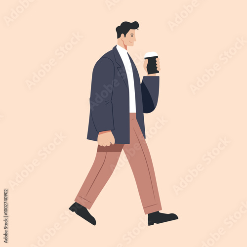 Man go to work side view. Business worker holds coffee paper cup. An employee in a formal office outfit. Flat isolated vector illustration from the background.