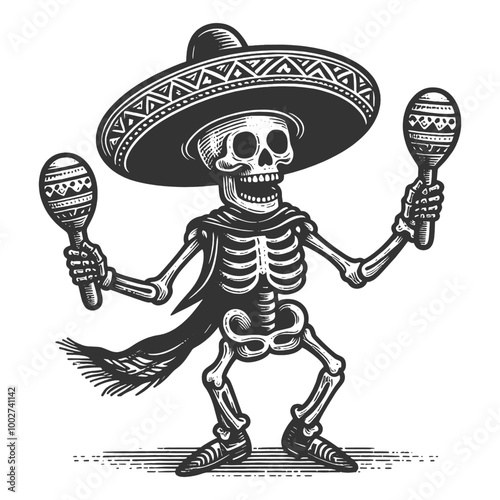 dancing skeleton in sombrero and shaking maracas, celebrating Mexican culture sketch engraving generative ai fictional character vector illustration. Scratch board imitation. Black and white image.
