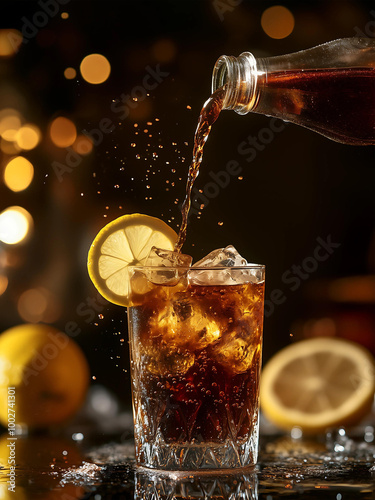 Pouring cola from the bottle in to the drinking glass. 