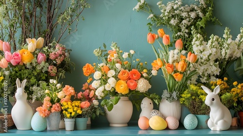 Festive Easter Day floral display featuring vibrant colorful blooms cheerful playful elements for a joyful holiday