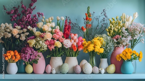 Wallpaper Mural Festive Easter Day flowers display with vibrant colors cheerful blooms and playful for a joyful holiday Beautifully arranged floral arrangement with tulips roses daisies Torontodigital.ca