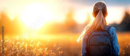 Silhouette of a traveler enjoying a sunset in a serene nature landscape, capturing a moment of peace and adventure. photo