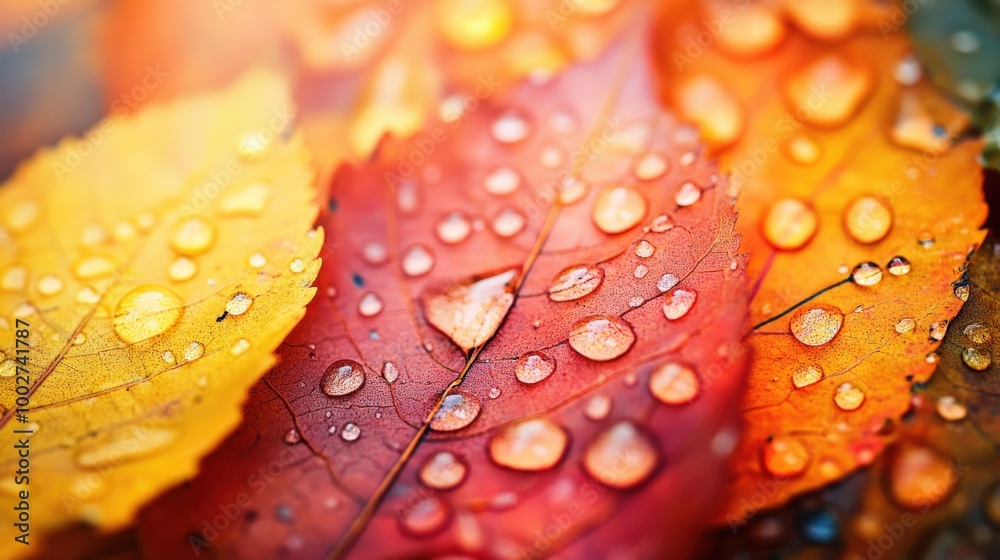 Raindrops collect on the rich, colorful leaves of autumn, showcasing the stunning hues of red, orange, and yellow under a gentle autumn sky Raindrops collect on the rich, colorful leaves of autumn, showcasing the stunning hues of red, orange, and yellow under a gentle autumn sky