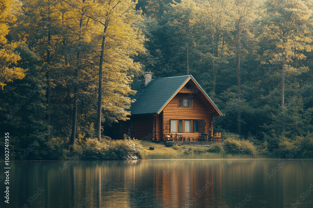 Fototapeta premium A tranquil scene of a cozy mountain cabin surrounded by lush forests and a calm lake, embodying peace and relaxation, stock photo, high-quality, captured with a professional camera, bright and soothin