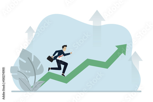 Business growth, business profit, businessman running on increasing graph. Business vector illustration.