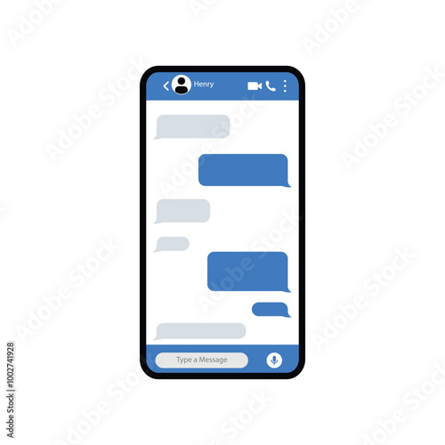 Realistic smartphone with messaging app. Conversation chat screen with blue message bubbles.  Blank SMS text frame. Social media application. Vector illustration.